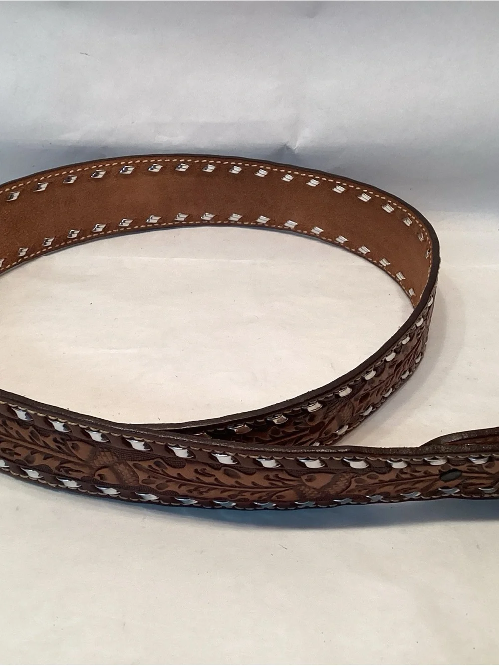 Vintage Tooled Belt Acorns Cowhide Leather 32 Brown Silver TaperedCowboy Western